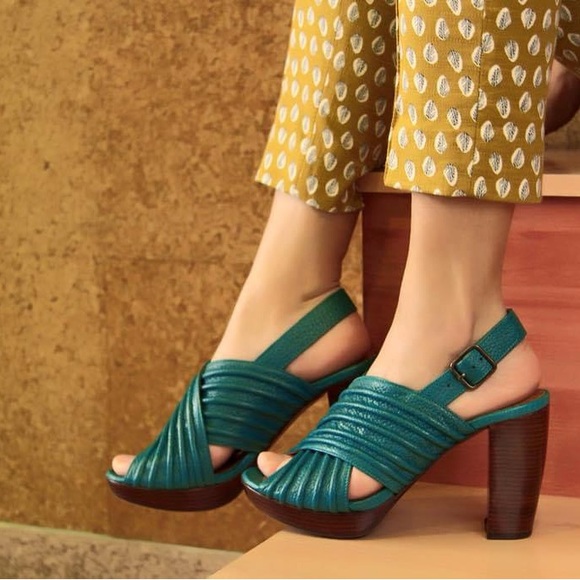Chie Mihara Teal Green Leather Sandals